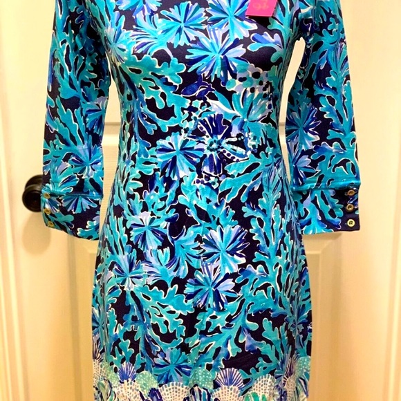 NWT LILLY PULITZER 50+ SOPHIE DRESS S BRIGHT NAVY IN TOO DEEP ENGINEERED - Picture 9 of 10